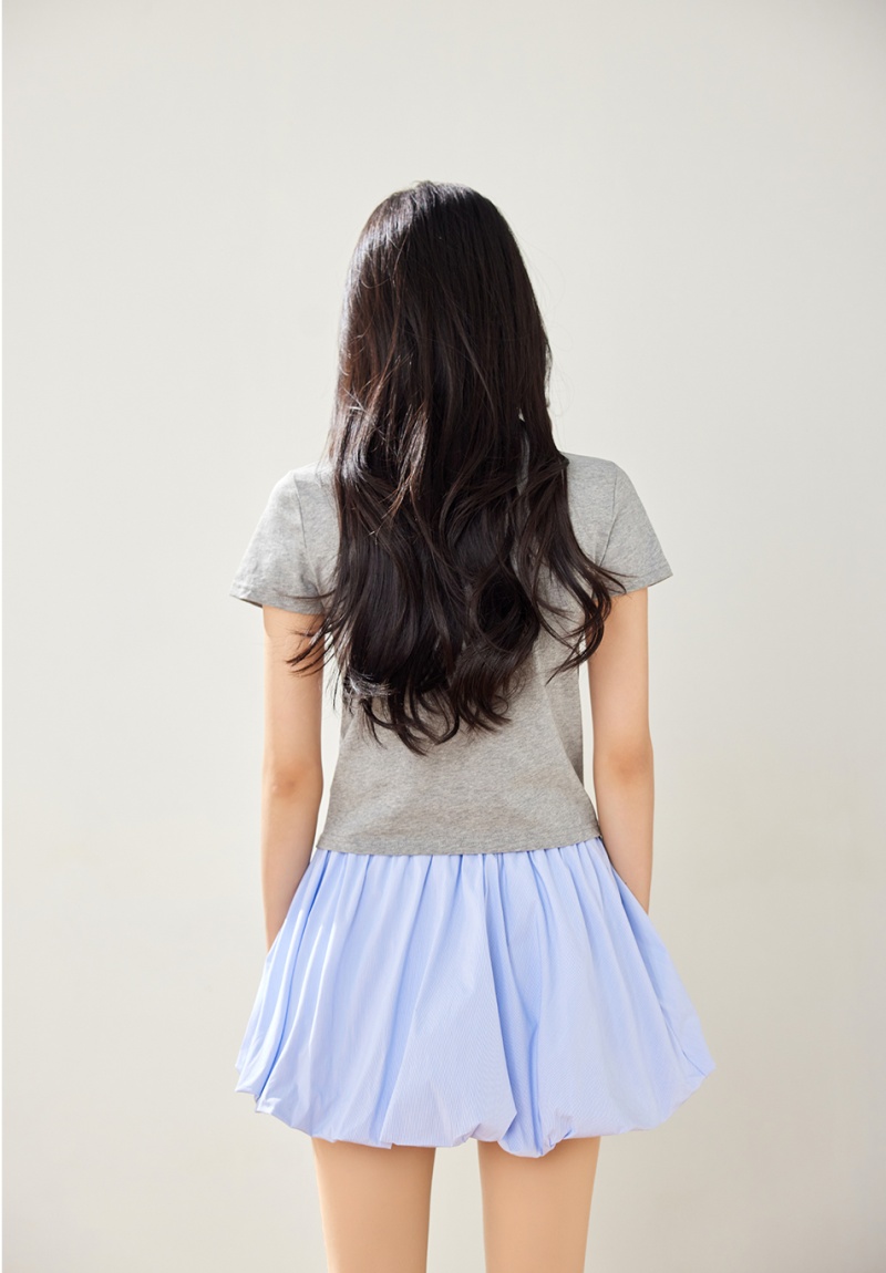 Bow Casual ribbon slim gray short sleeve tops