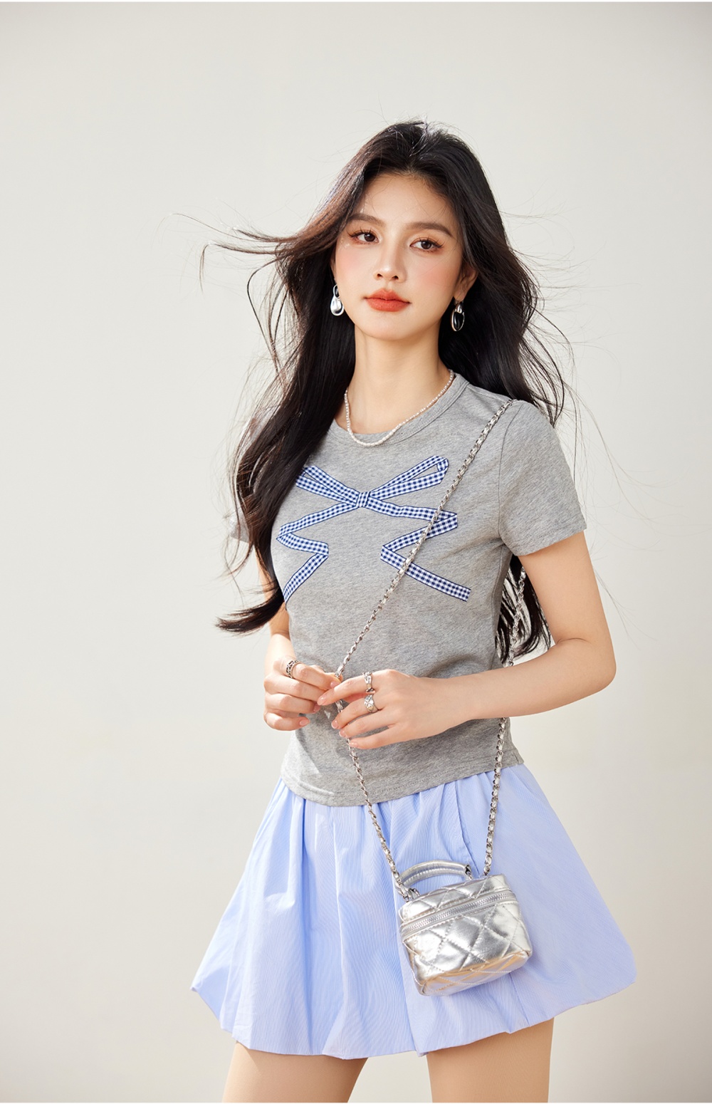 Bow Casual ribbon slim gray short sleeve tops