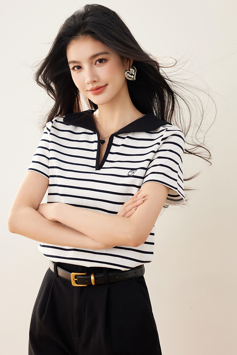 College style short sleeve shirts navy collar T-shirt