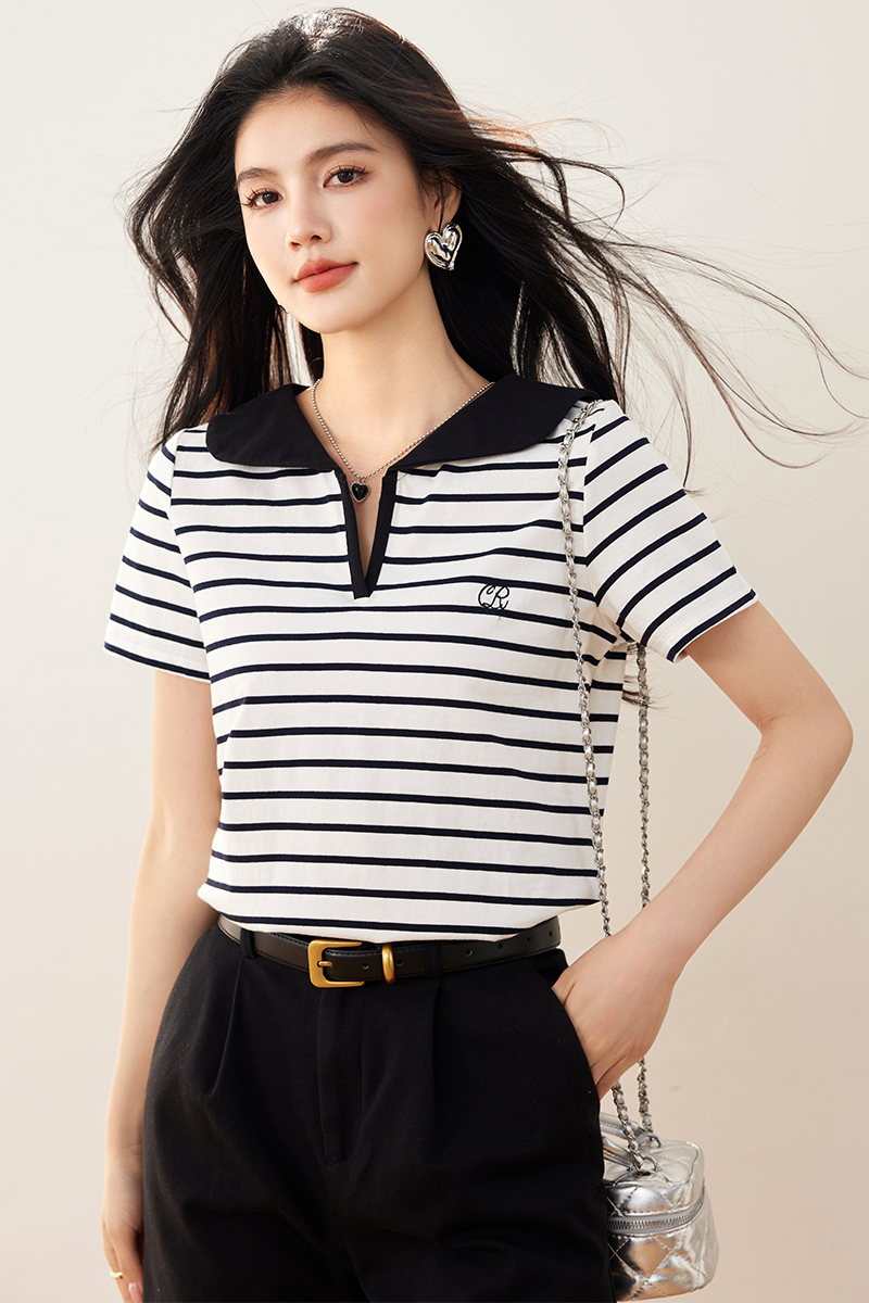 College style short sleeve shirts navy collar T-shirt