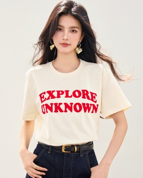 Summer flocking mixed colors round neck retro printing tops