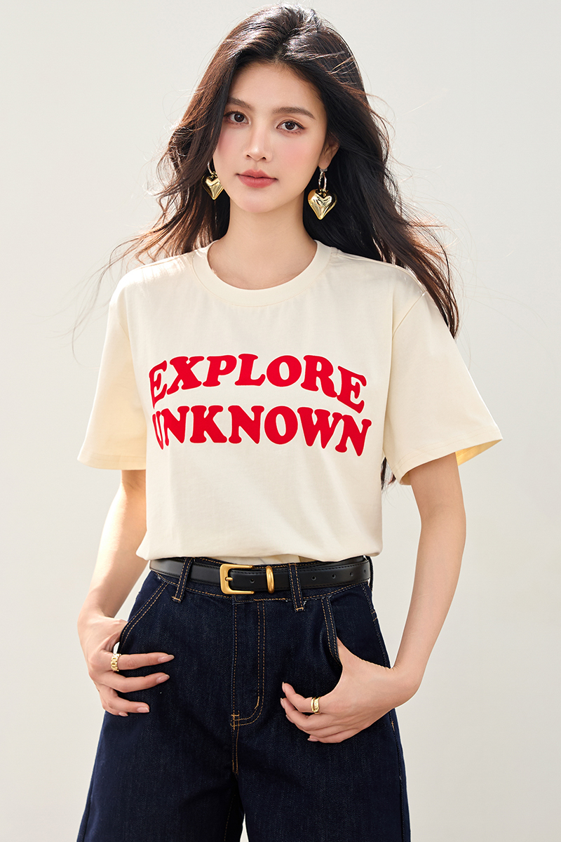 Summer flocking mixed colors round neck retro printing tops