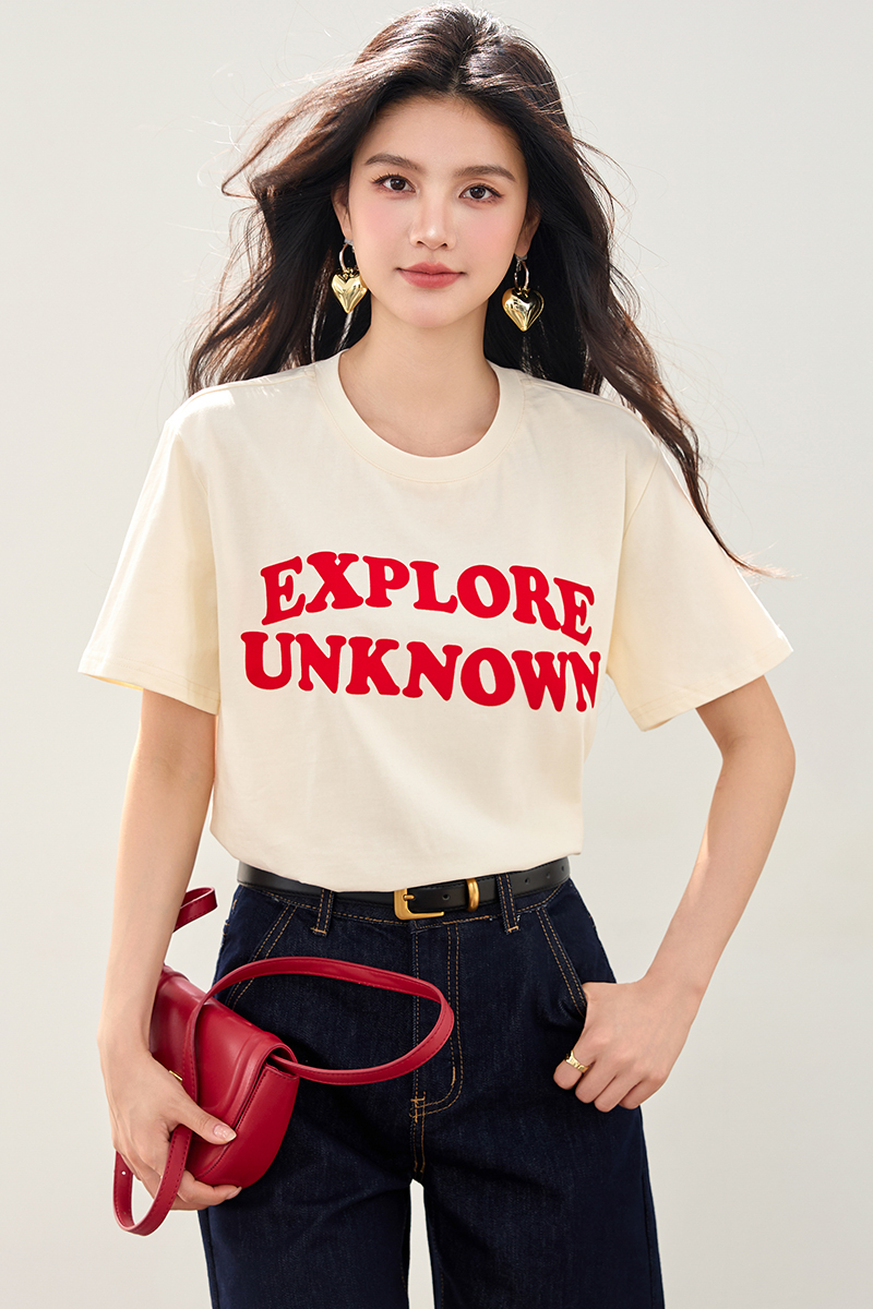 Summer flocking mixed colors round neck retro printing tops