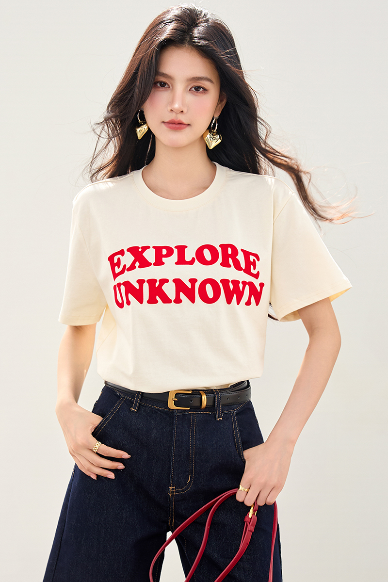 Summer flocking mixed colors round neck retro printing tops