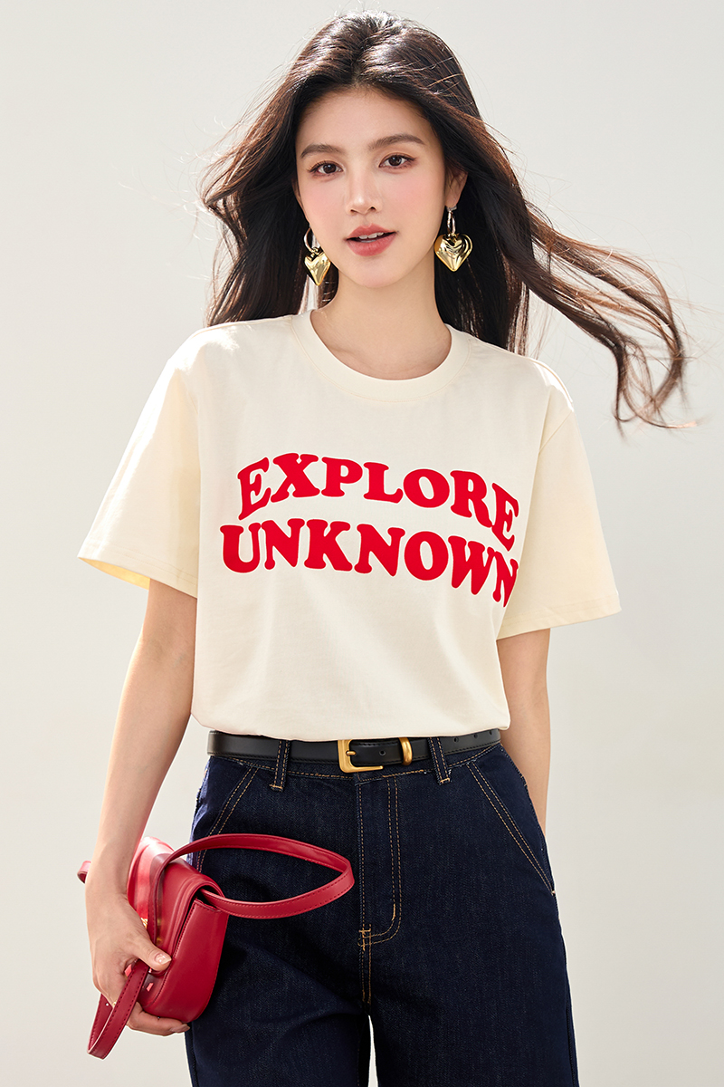 Summer flocking mixed colors round neck retro printing tops
