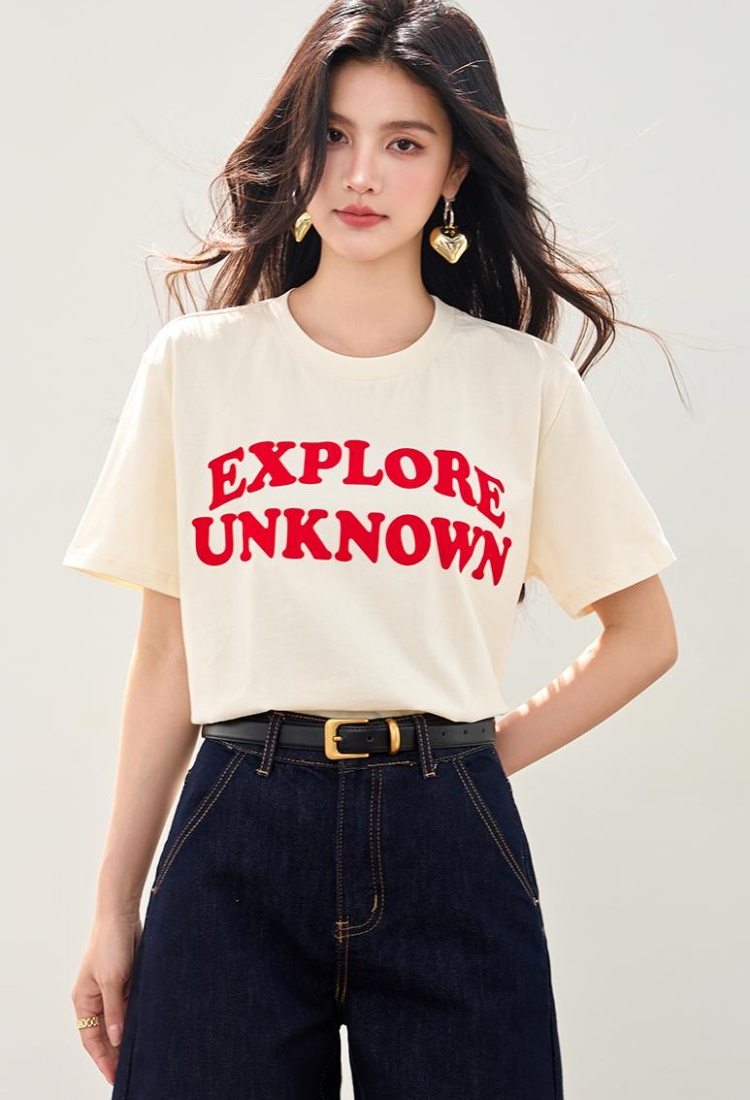 Summer flocking mixed colors round neck retro printing tops