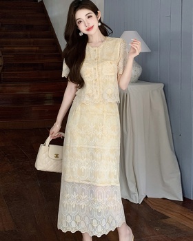 Chanelstyle short sleeve embroidery skirt 2pcs set