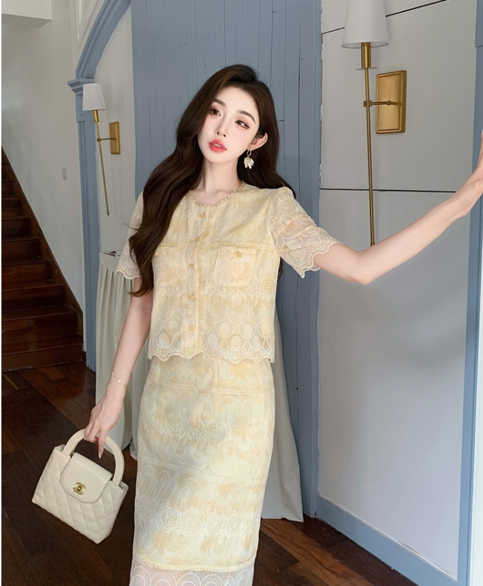 Chanelstyle short sleeve embroidery skirt 2pcs set
