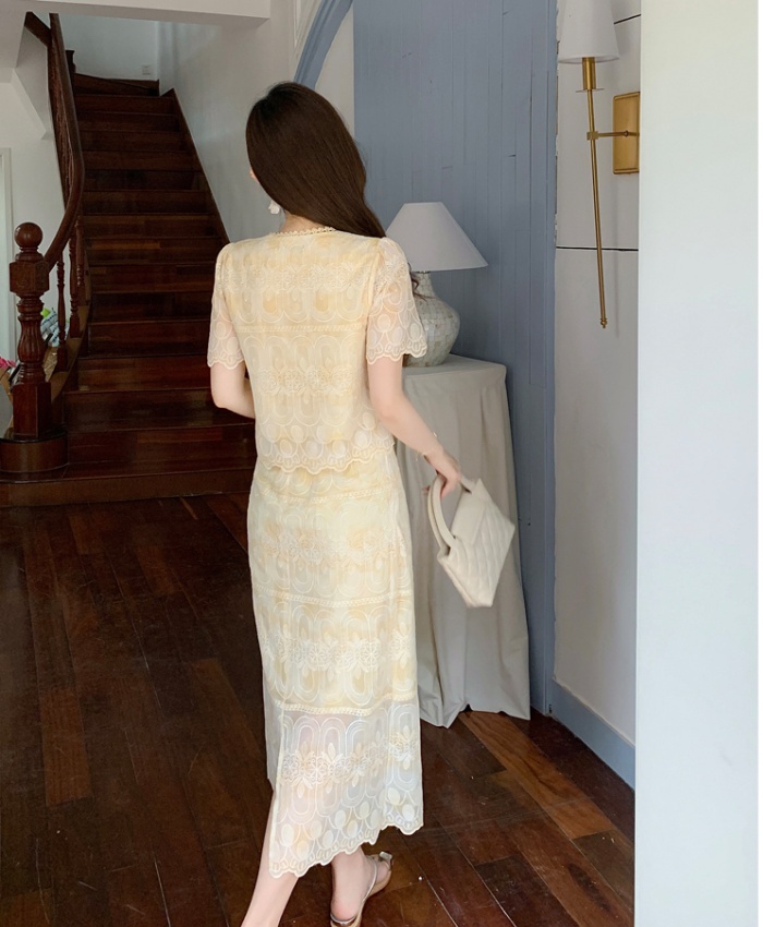 Chanelstyle short sleeve embroidery skirt 2pcs set