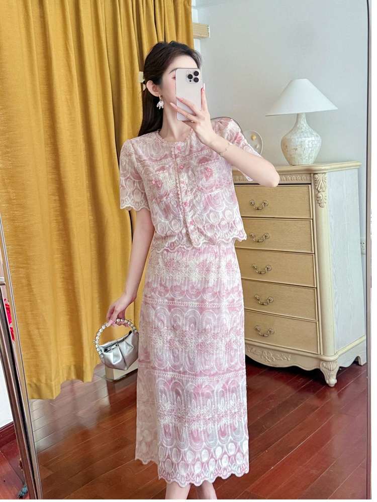 Chanelstyle short sleeve embroidery skirt 2pcs set