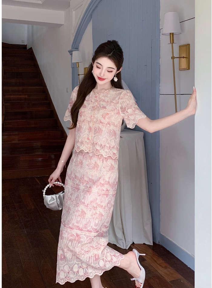 Chanelstyle short sleeve embroidery skirt 2pcs set