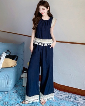 Denim vacation wide leg pants Bohemian style vest 2pcs set