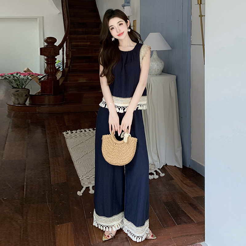 Denim vacation wide leg pants Bohemian style vest 2pcs set