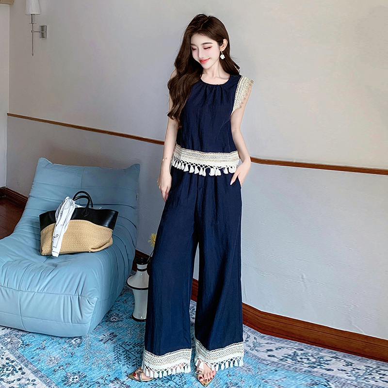 Denim vacation wide leg pants Bohemian style vest 2pcs set