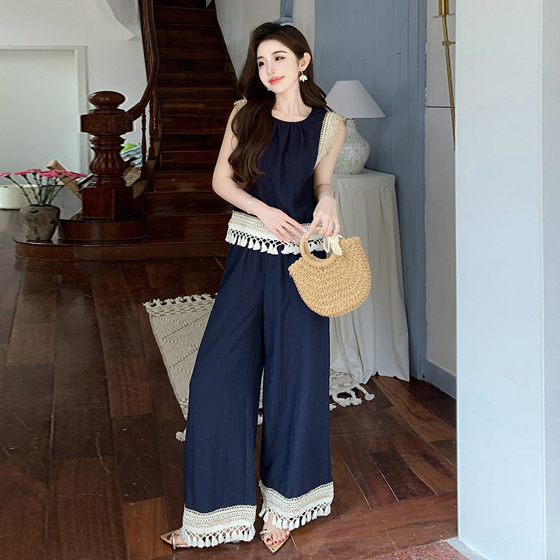 Denim vacation wide leg pants Bohemian style vest 2pcs set