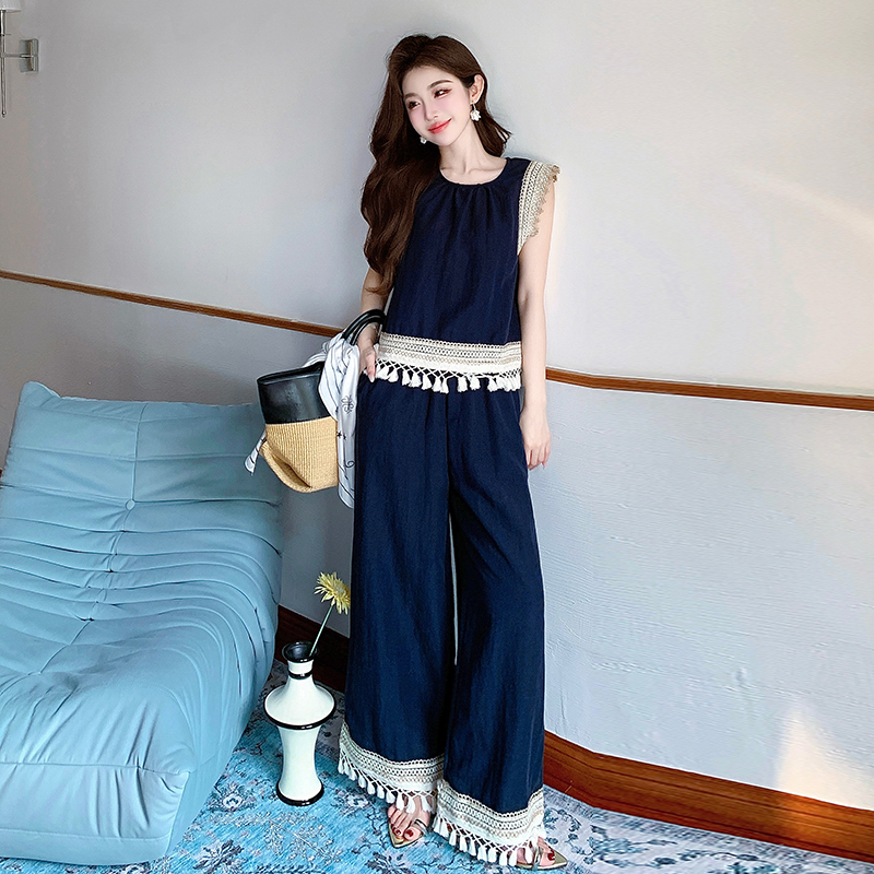 Denim vacation wide leg pants Bohemian style vest 2pcs set