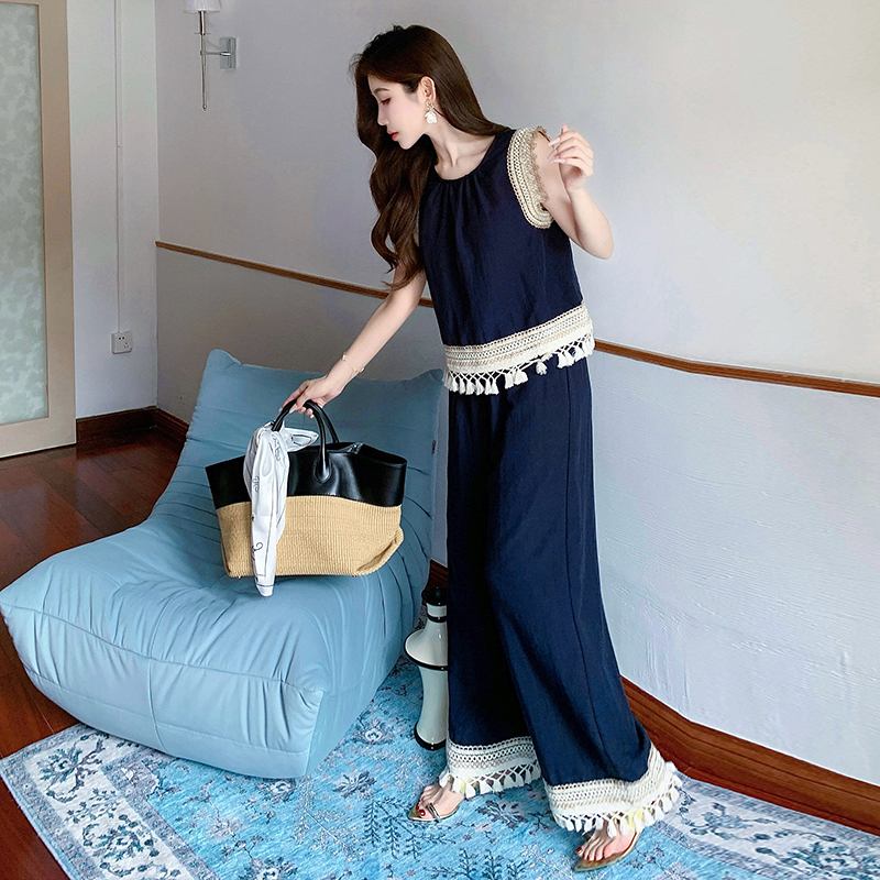 Denim vacation wide leg pants Bohemian style vest 2pcs set