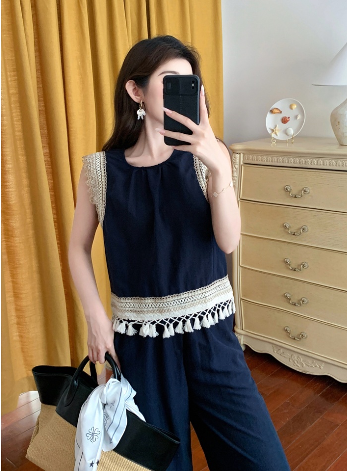 Denim vacation wide leg pants Bohemian style vest 2pcs set