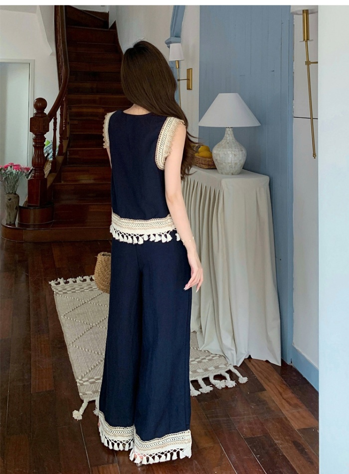 Denim vacation wide leg pants Bohemian style vest 2pcs set