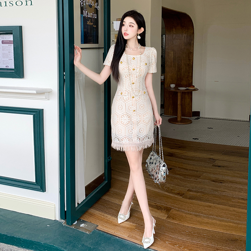 Buckle chanelstyle temperament tassels ladies splice dress