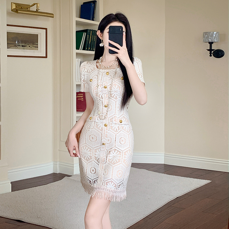 Buckle chanelstyle temperament tassels ladies splice dress
