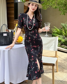V-neck split mermaid long package summer floral dress