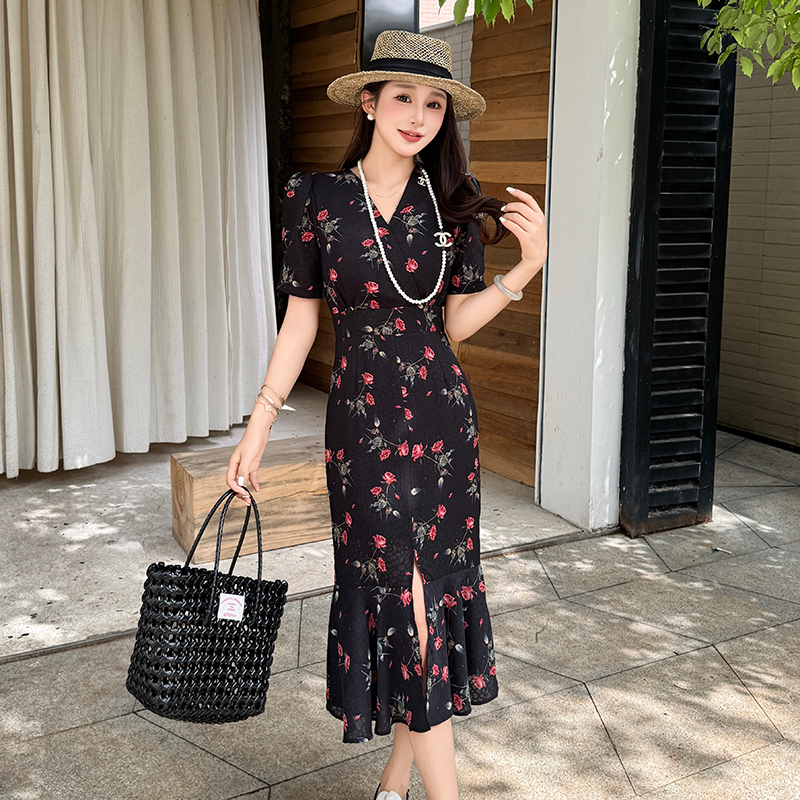 V-neck split mermaid long package summer floral dress