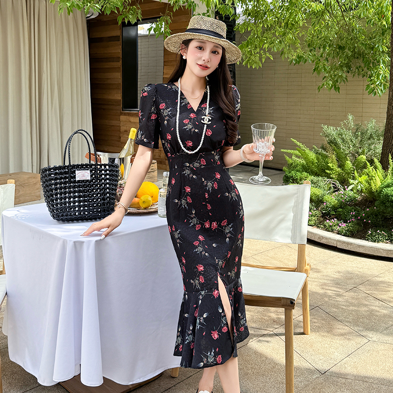 V-neck split mermaid long package summer floral dress