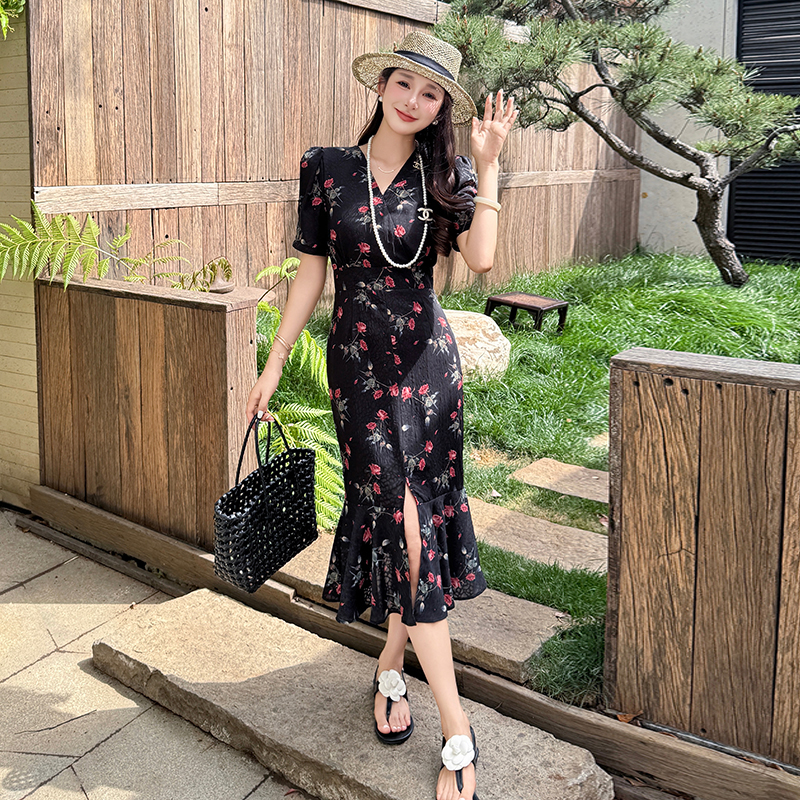 V-neck split mermaid long package summer floral dress