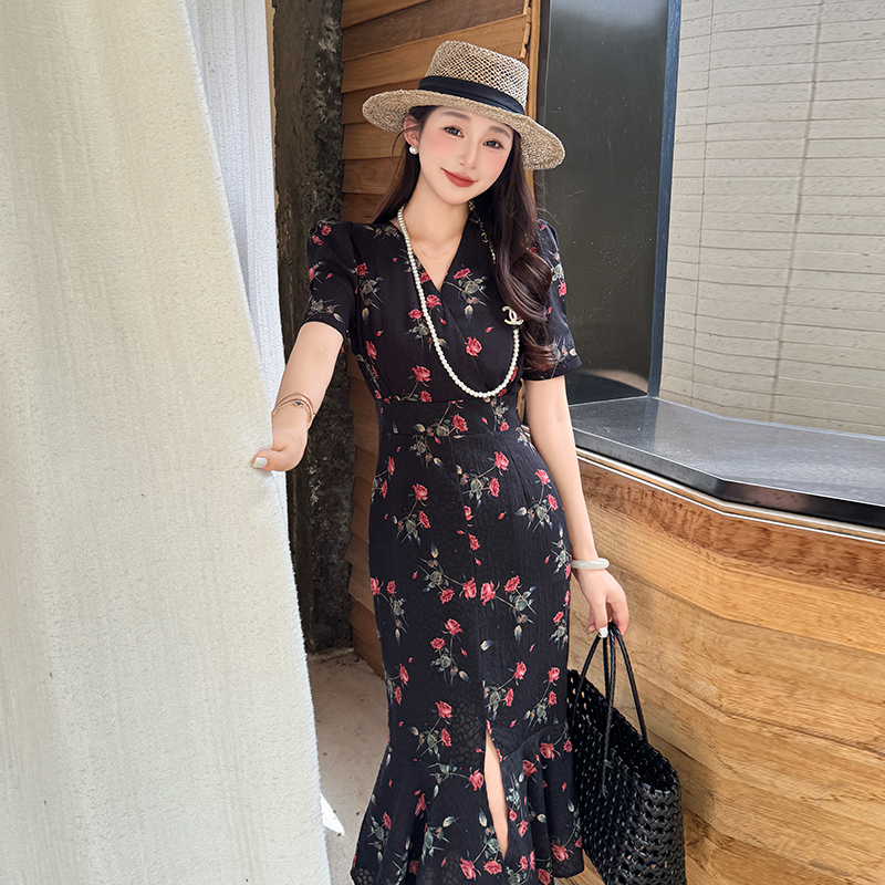 V-neck split mermaid long package summer floral dress