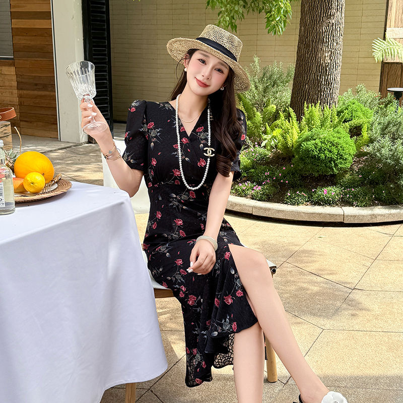 V-neck split mermaid long package summer floral dress