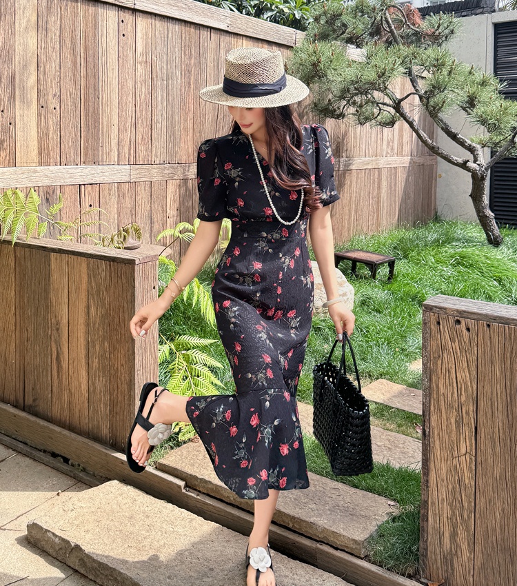 V-neck split mermaid long package summer floral dress