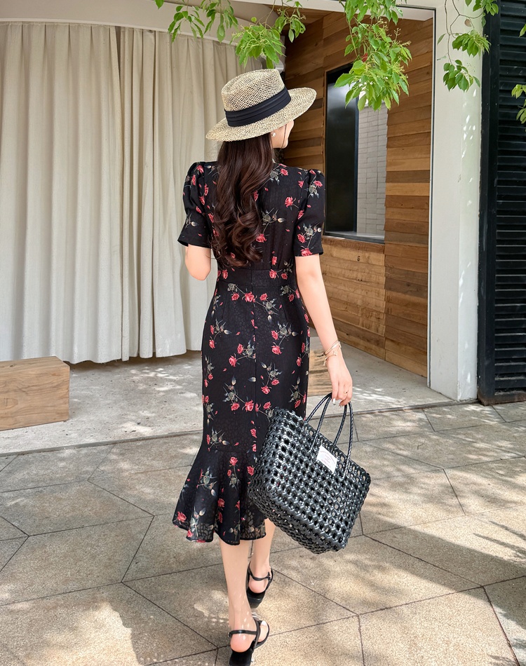 V-neck split mermaid long package summer floral dress