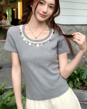 Slim summer tops Bohemian style beading T-shirt for women