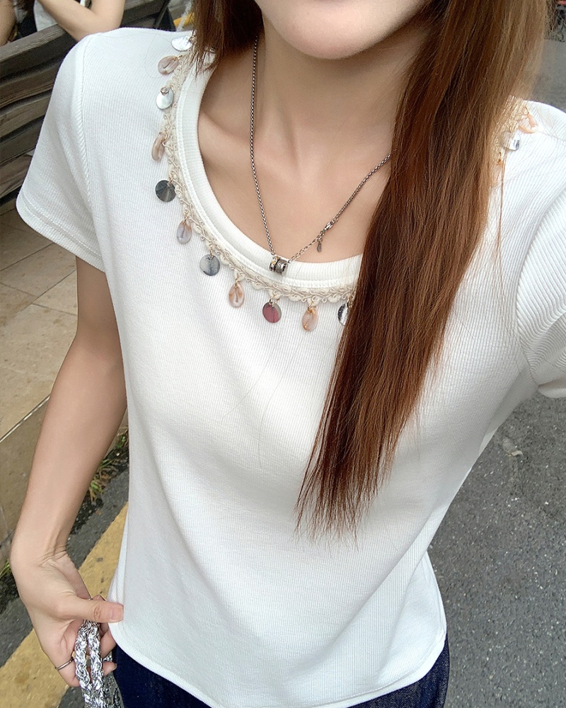 Slim summer tops Bohemian style beading T-shirt for women