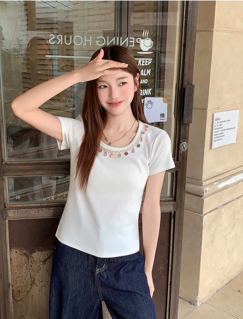 Slim summer tops Bohemian style beading T-shirt for women
