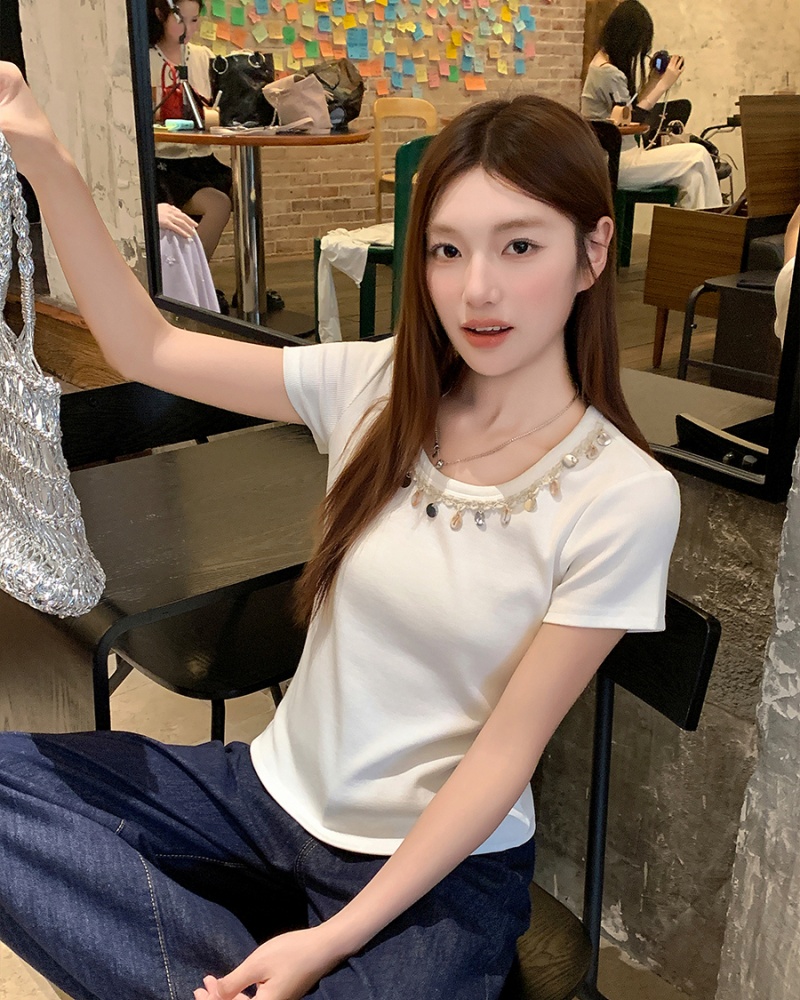 Slim summer tops Bohemian style beading T-shirt for women
