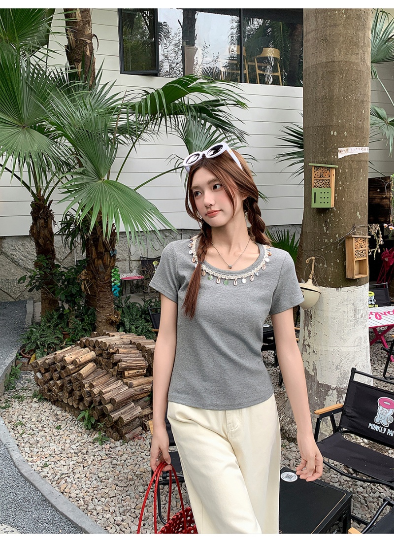 Slim summer tops Bohemian style beading T-shirt for women