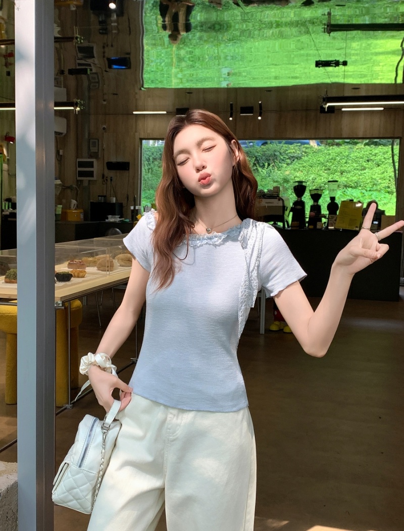 Sloping shoulder T-shirt short sleeve tops for women
