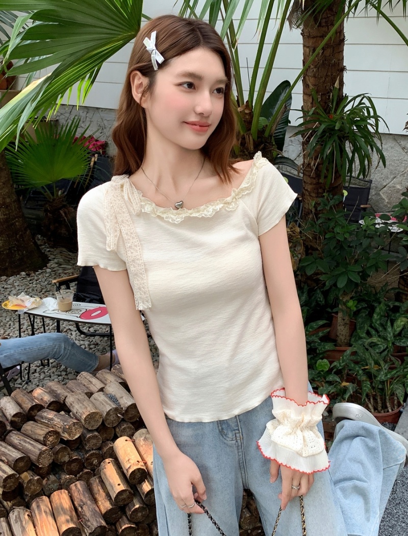 Sloping shoulder T-shirt short sleeve tops for women
