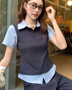 Pseudo-two splice T-shirt short sleeve plaid tops for women