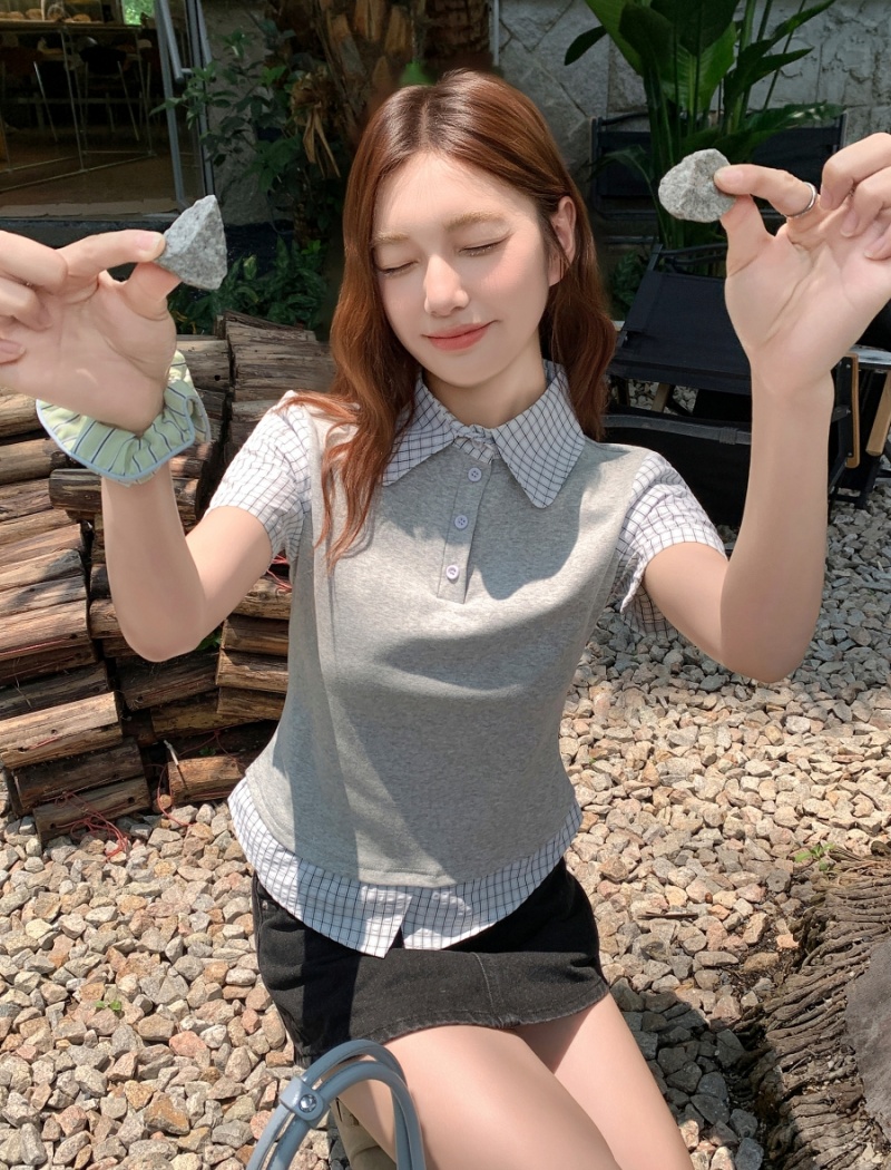 Pseudo-two splice T-shirt short sleeve plaid tops for women