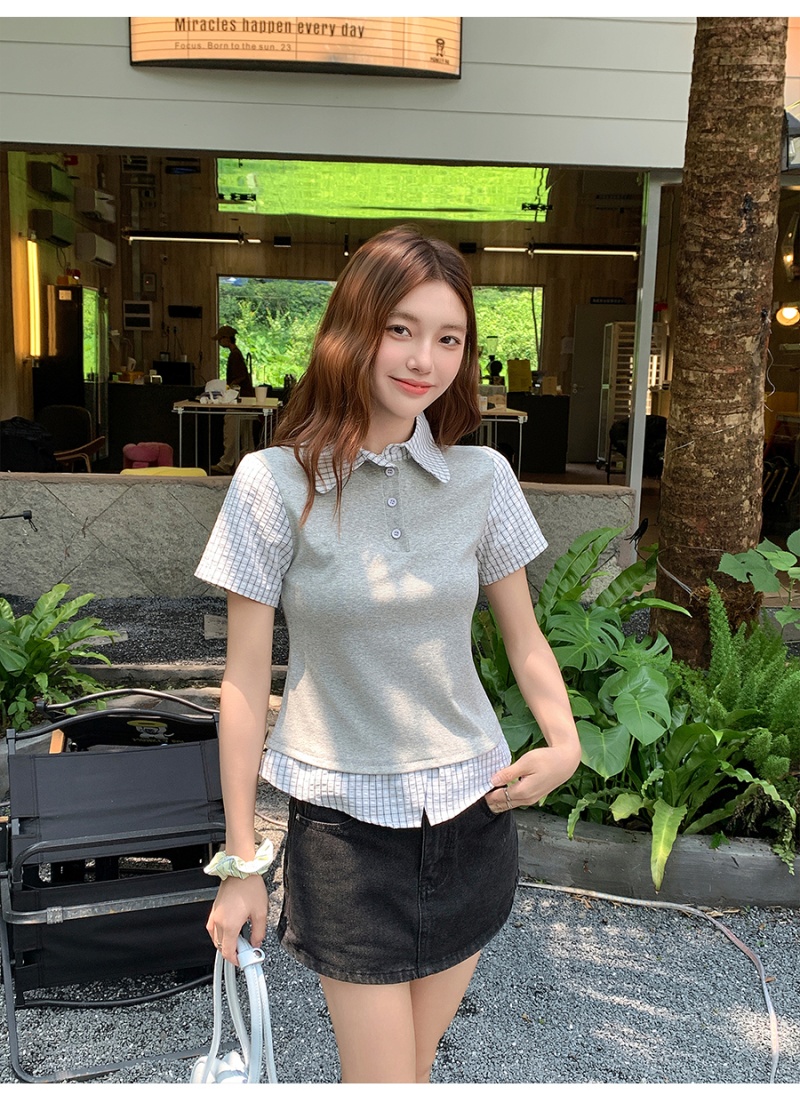 Pseudo-two splice T-shirt short sleeve plaid tops for women