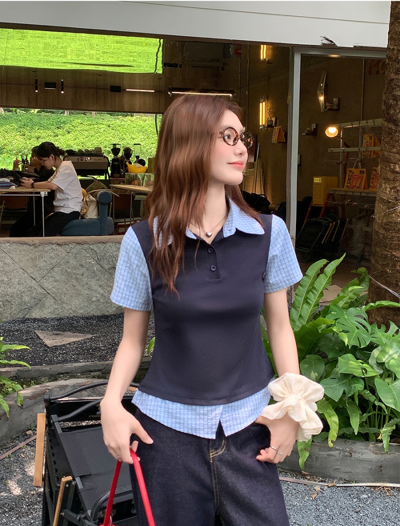 Pseudo-two splice T-shirt short sleeve plaid tops for women