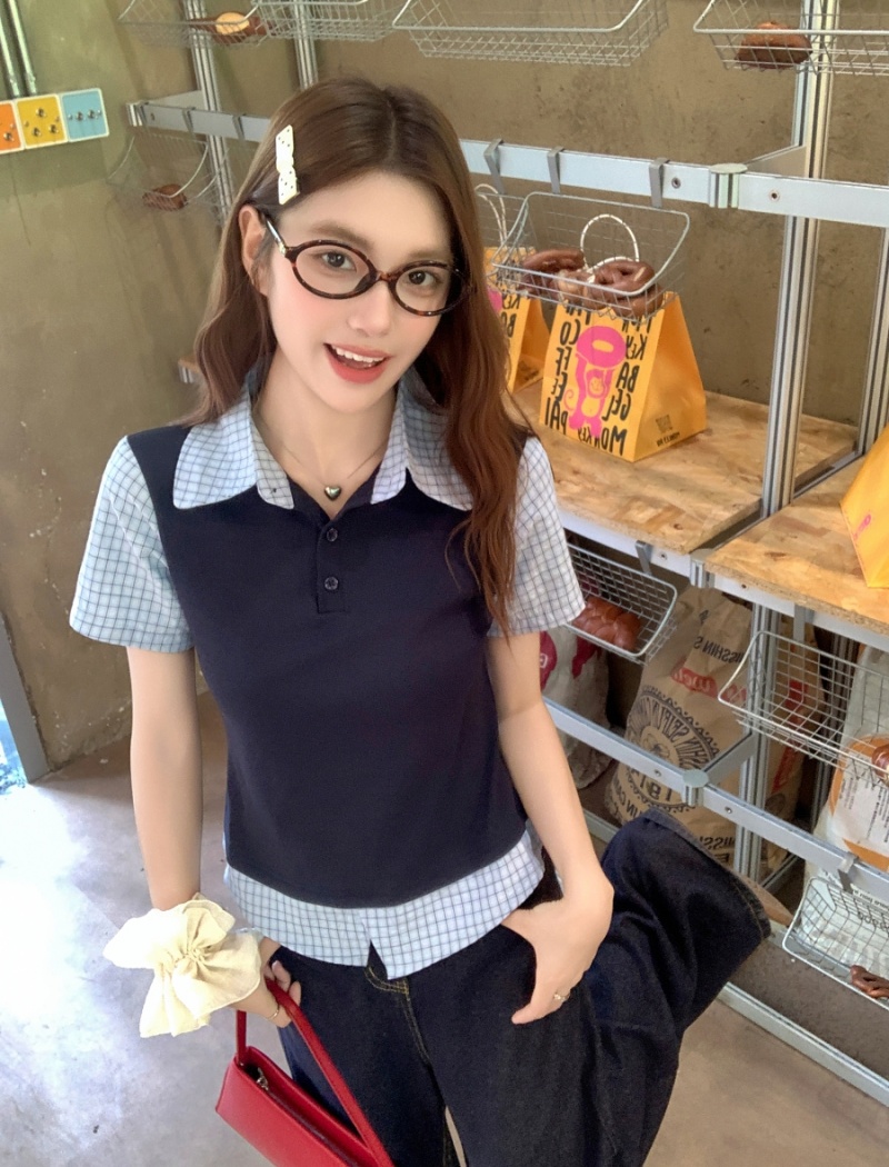 Pseudo-two splice T-shirt short sleeve plaid tops for women