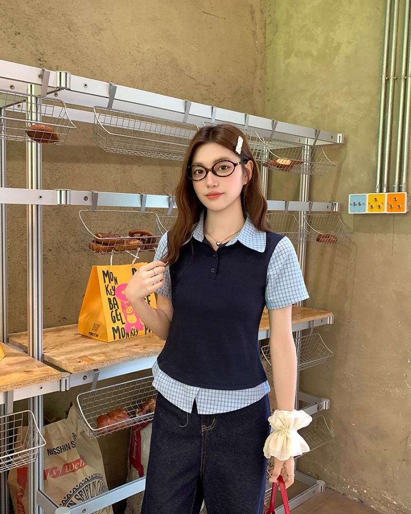 Pseudo-two splice T-shirt short sleeve plaid tops for women
