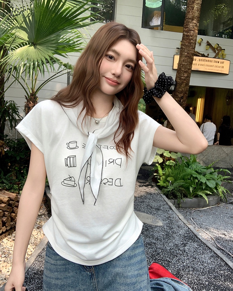 Printing summer T-shirt fold short tops for women