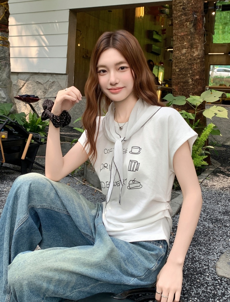 Printing summer T-shirt fold short tops for women