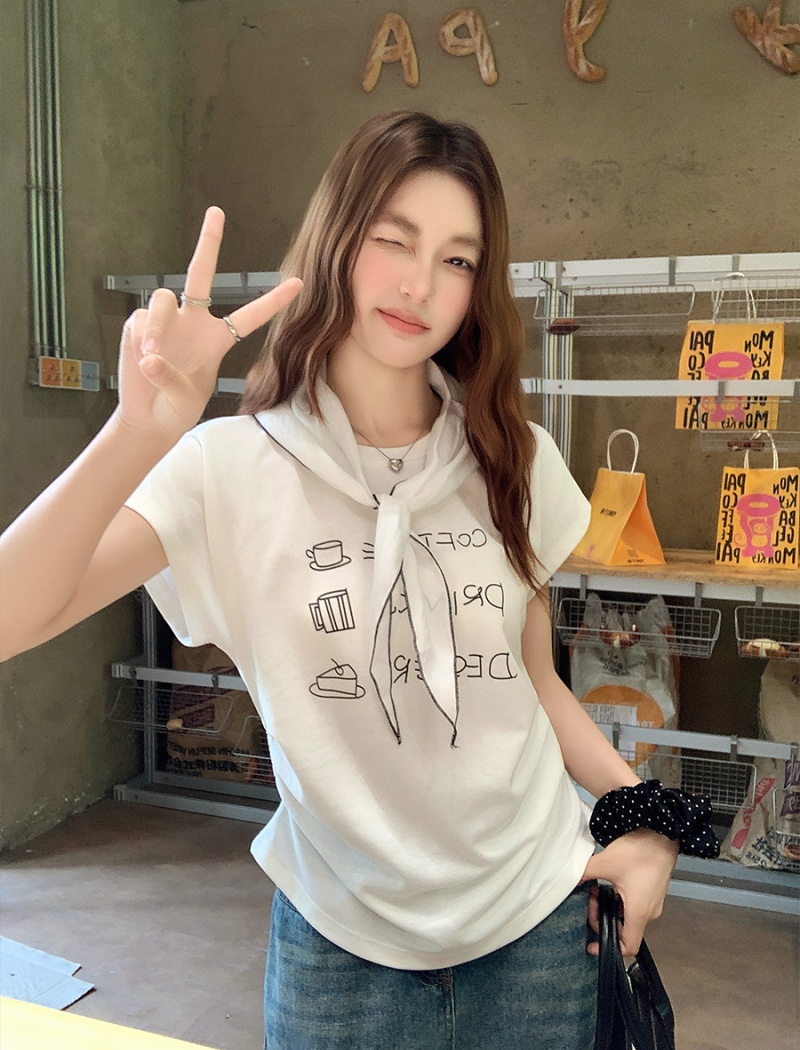 Printing summer T-shirt fold short tops for women