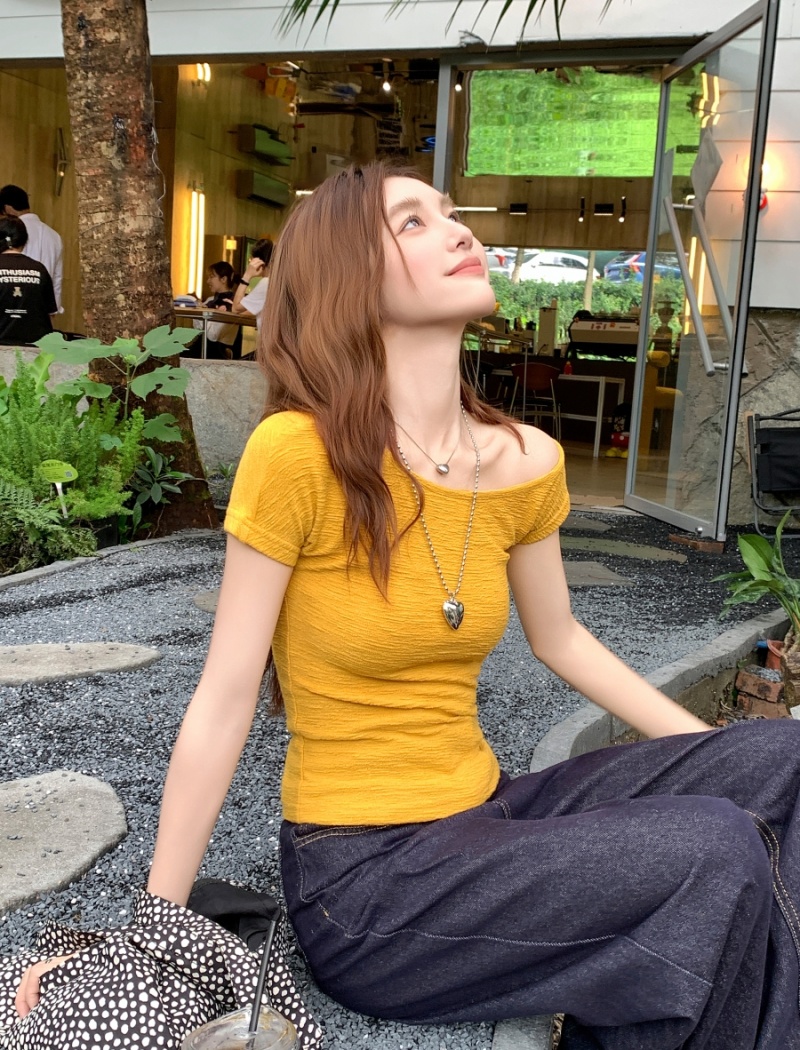 Strapless short T-shirt slim sloping shoulder tops